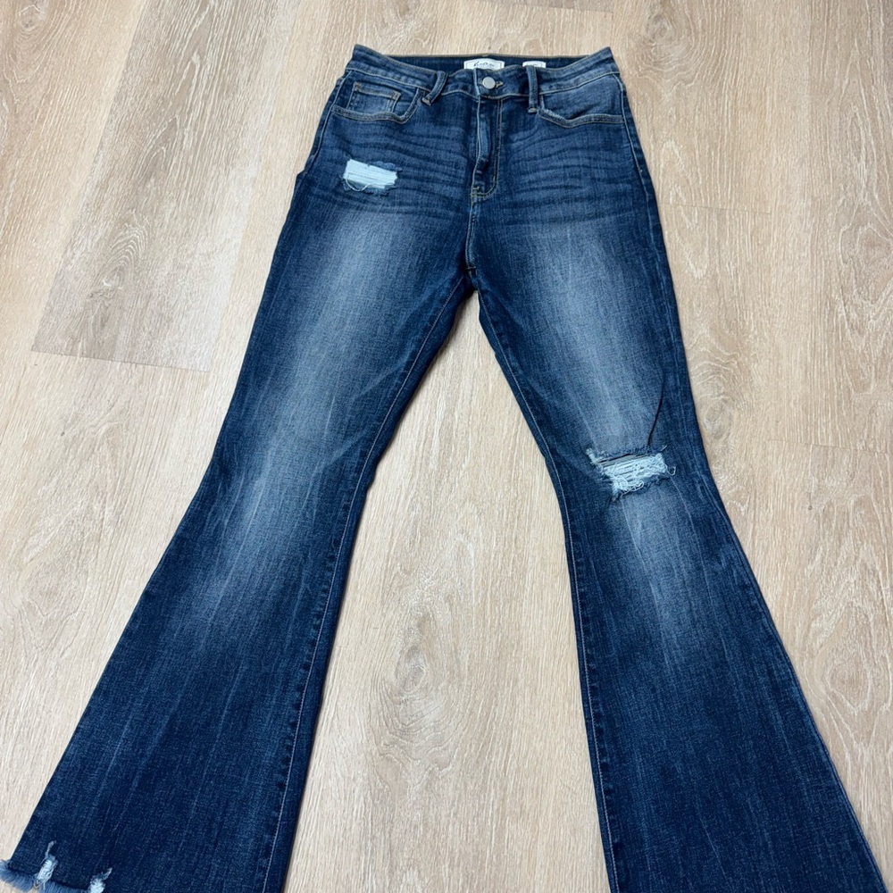 KanCan Blue Flare Wide Leg Jeans with Distressed Details NWOT